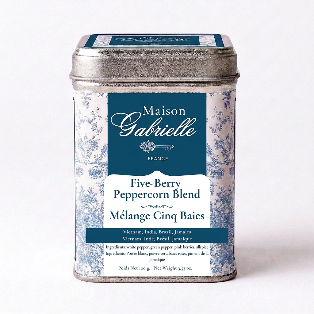 A metal tin of Maison Gabrielle Five-Berry Peppercorn Blend tea, featuring a blue and white floral pattern with a dark blue label, set against a plain white background. Maison Gabrielle