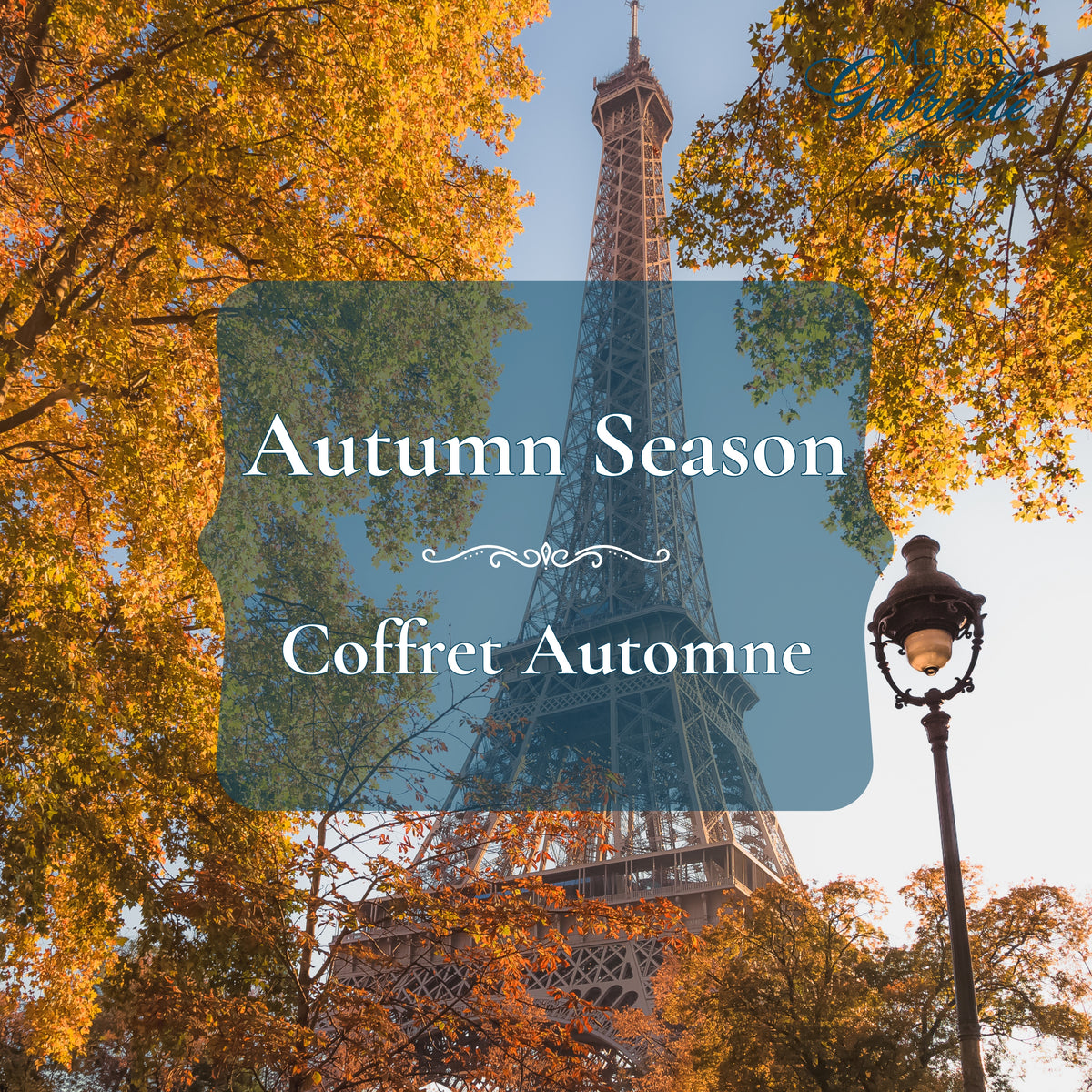 A scenic photograph of the Eiffel Tower framed by golden autumn trees, with a dark blue translucent overlay containing the text 'Autumn Season' and 'Coffret Automne' in white serif lettering.