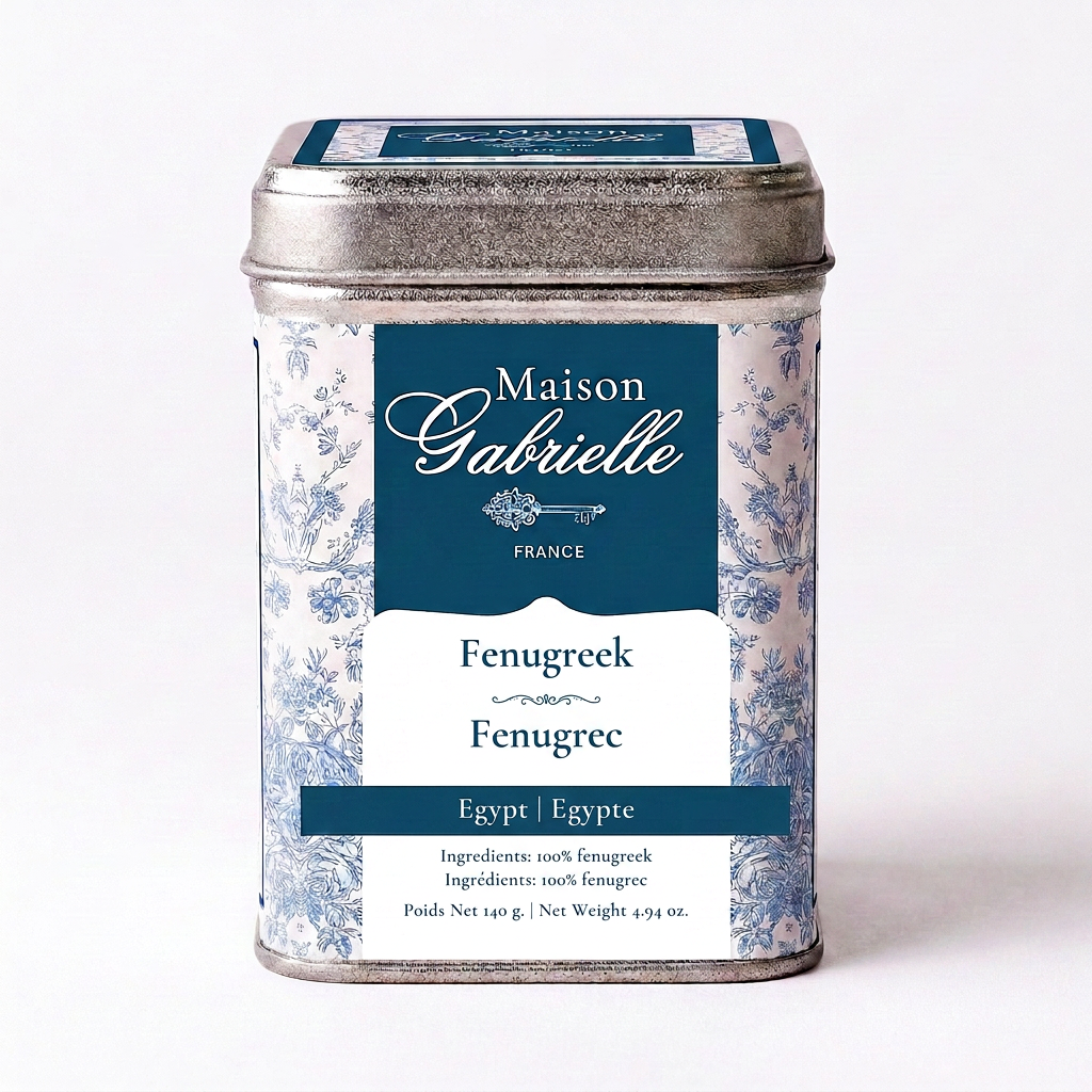 A metal tin of Maison Gabrielle Fenugreek from Egypt, featuring a blue and white floral pattern with a dark blue label, set against a plain white background.