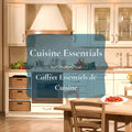 A kitchen scene with cream and light blue cabinets, a wooden table, chairs, baskets, and a bowl of strawberries, overlaid with a large translucent blue label reading 'Cuisine Essentiels' and 'Coffret Essentiels de Cuisine'.