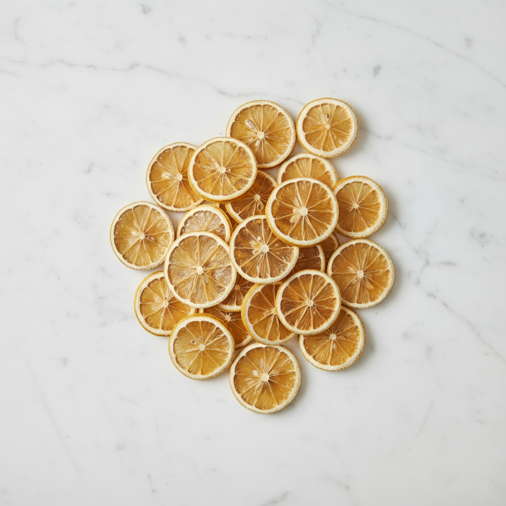 Stack of dried lemon slices on a marble surface