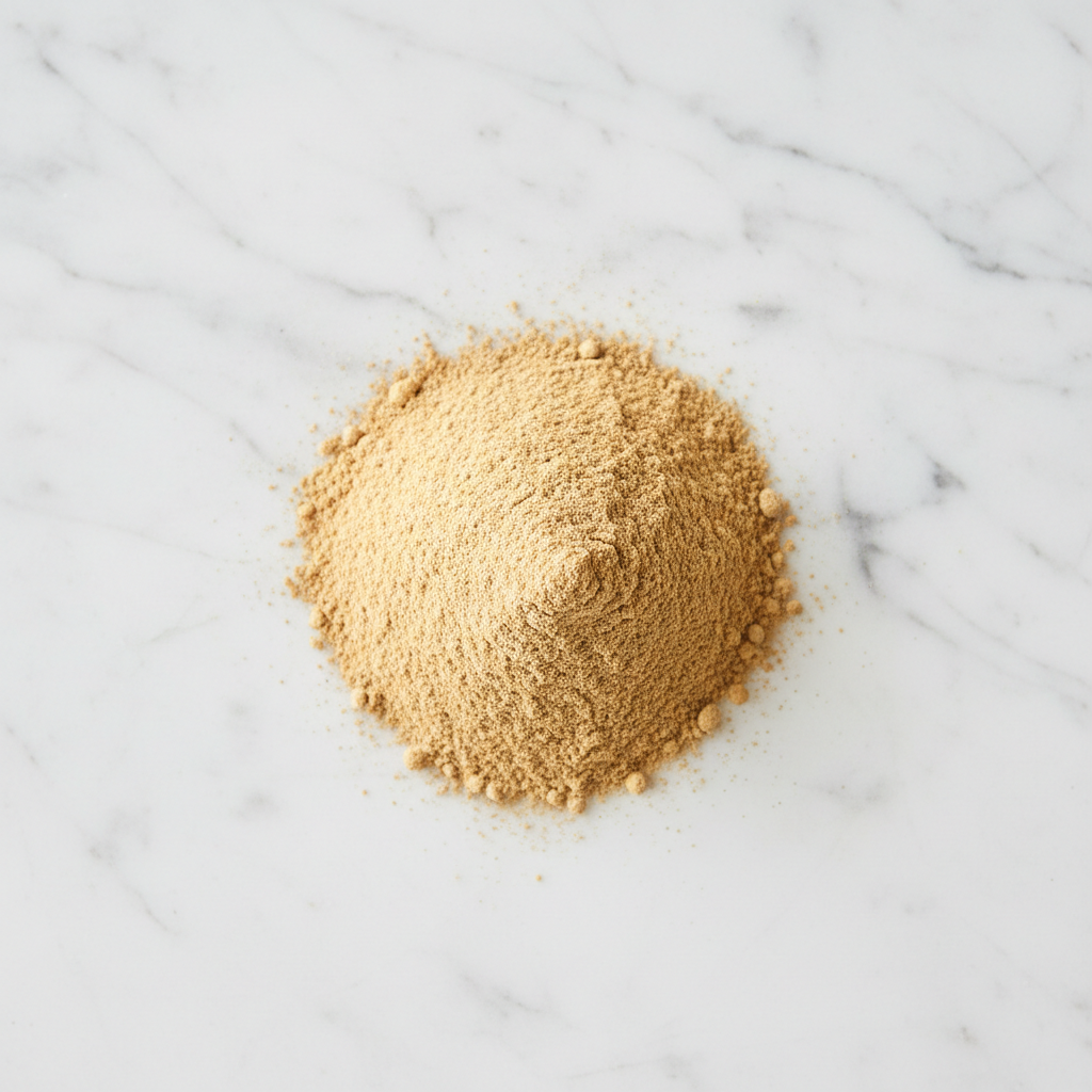 Premium Ground Ginger Powder by Maison Gabrielle, Artfully Piled on White Marble with Even, Soft Lighting to Highlight its Rich Golden Color and Fine Artisanal Texture
